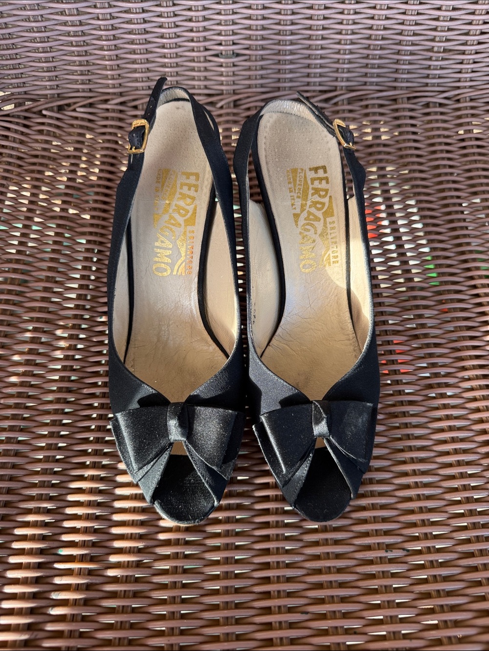 Vintage Salvatore Ferragamo Women's Black Satin Slingback 3” Heels Size 8AAA